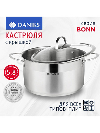 Кастрюля нержавеющая сталь, 5.8 л, крышка стекло, Daniks, Бонн, GS-01319-24CA, индукция