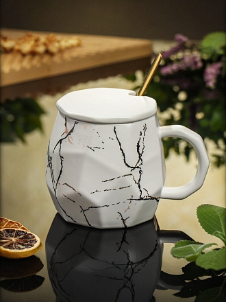 Кружка керамика, 420 мл, Мрамор, с крышкой, с ложкой, Y4-5339, в ассортименте