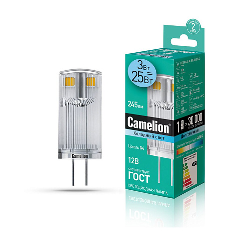 Лампа светодиодная 3Вт 12В AC/DC 4500К Camelion LED3-G4-JC-NF/845/G4