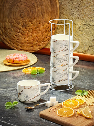 Кружка керамика, 4 шт, 200 мл, Белый мотив, Y4-7272, металлическая подставка