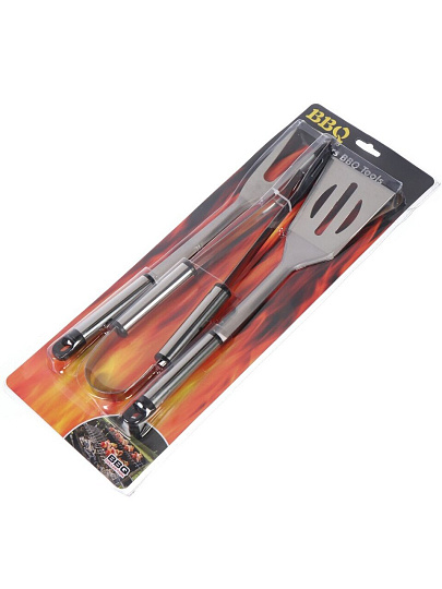 Набор для барбекю костровой, нержавеющая сталь, 3 предмета, лопатка, щипцы, вилка для гриля, C030004