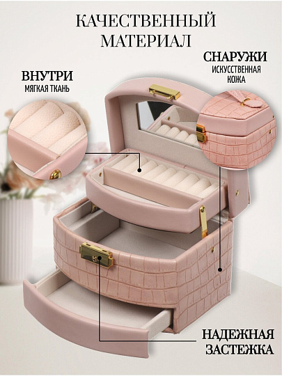 Шкатулка-кейс для украшений и косметики, полимер, 15х12х11 см, розовая, Y4-5319-1