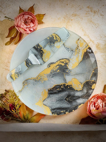 Блюдо стекло, 30 см, круглое, с лопаткой, Daniks, Флюид