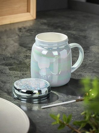 Кружка керамика, 360 мл, Перламутр, с крышкой, Y4-3792, в ассортименте