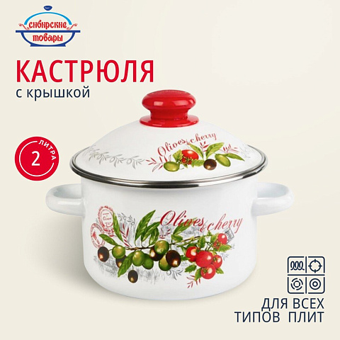 Кастрюля эмалированная сталь, 2 л, с крышкой, крышка сталь, цилиндрическая, Сибирские товары, Оливки и черри, 3MD161M, индукция