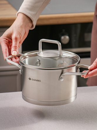 Кастрюля нерж, 1.9 л, с крыш, крыш стекло, Daniks, Ирати, индукц, SD-01369-16