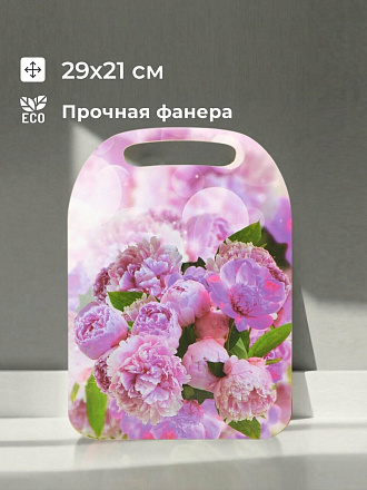 Доска разделочная дерево, 29х21х0.6 см, с ручкой, прямоугольная, Пионы, К-149
