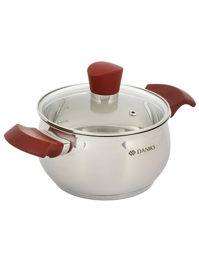 Кастрюля нержавеющая сталь, 1.9 л, крышка стекло, Daniks, Орлея, GS-01159P-16CA, индукция