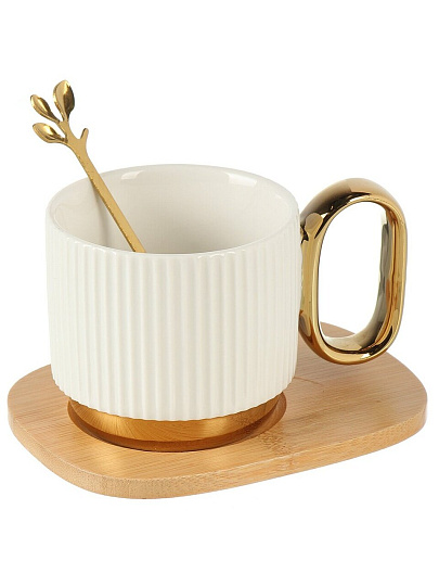 Чайная пара керамика, на 1 персону, 220 мл, Грани, с бамбуковым блюдцем и ложкой, Y4-9002, в ассортименте