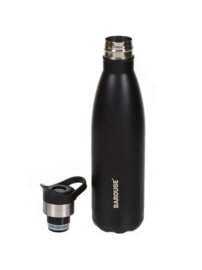 Термобутылка нержавеющая сталь, 0.6 л, узкая горловина, Barouge, колба нержавеющая сталь, черная, BT-007