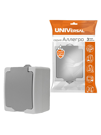 Розетка открытой установки 1 гнездо, с заземлением, 16 А, пластик, IP54, серая, крышка, UNIVersal, Аллегро, 1282