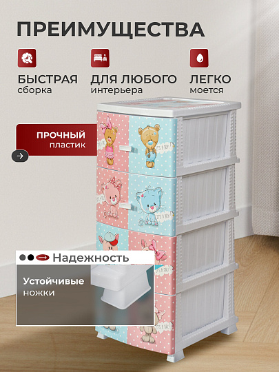 Комод детский 4 ящика, Друзья, 38.5х47х93.5 см, белый, Росспласт, РП-421