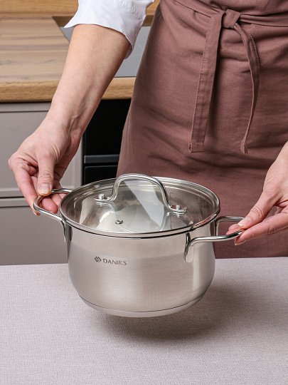 Кастрюля нержавеющая сталь, 2.6 л, крышка стекло, сталь 304, Daniks, Нолан, GS-01363-18CA, индукция