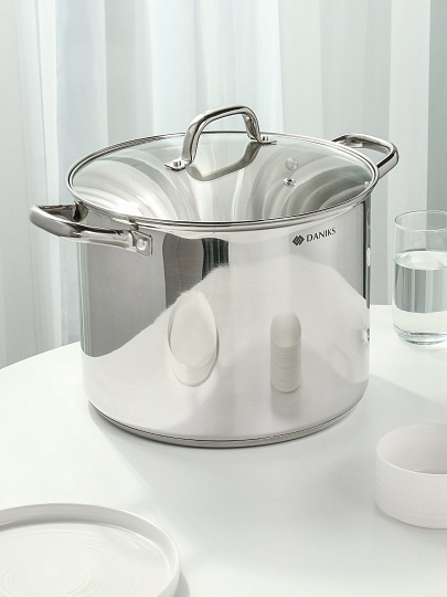 Кастрюля нержавеющая сталь, 11 л, крышка стекло, круглая, Daniks, WT-C470- ST26, индукция
