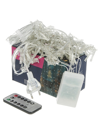 Гирлянда 228 ламп, 2х2 м, 8 режимов, Занавес, теплый белый свет, прозрачная, сетевая, пульт, LED