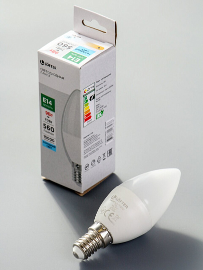 Лампа светодиодная E14, 9 Вт,  Вт, 220 В, СВЕЧА, 6500 К, холодный белый свет, Lofter