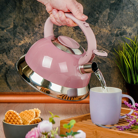 Чайник нержавеющая сталь, 3 л, со свистком, зеркальный, ручка с силиконовым покрытием, Daniks, розовый, M-017