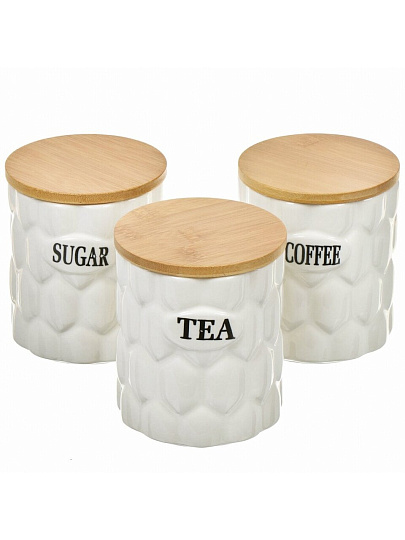 Банка для сыпучих продуктов, керамика, 10х10х11.6 см, 3 шт, с крышкой, на бамбуковой подставке, Y4-6266
