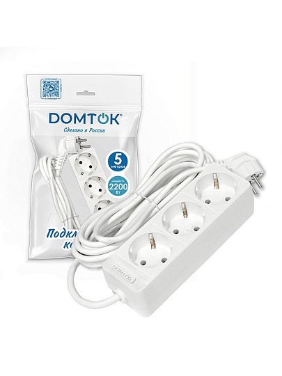 Удлинитель бытовой 3 гнезда, 5 м, ПВС, 3х0.75 мм², с заземлением, 2200 Вт, Domtok, 2376