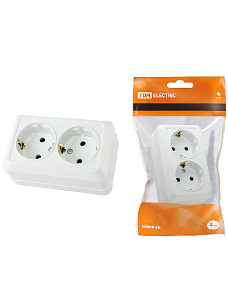 Розетка открытой установки, 2 гнезда, с заземлением, 16 А, IP20, белая, 2П+3, TDM Electric, Ладога, SQ1801-0019
