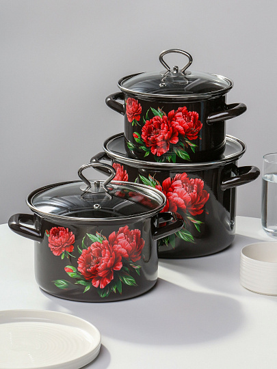 Набор посуды эмалированная сталь, 3 предмета, кастрюли 2.4, 3.4, 5 л., крыш стекло, Керченский металлургический завод, Пион-5-1-Люкс стиль