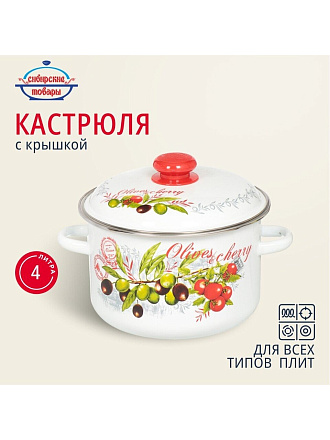 Кастрюля эмалированная сталь, 4 л, крышка сталь, цилиндрическая, Сибирские товары, Оливки и черри, 3MD201M, индукция