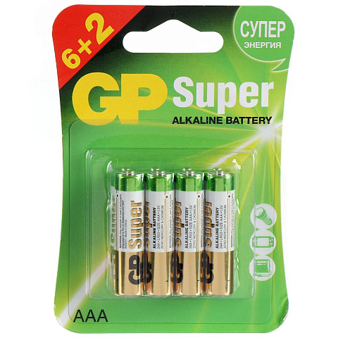 Батарейка GP, ААА (LR03, R3), Alkaline Super, алкалиновая, блистер, 8 шт, 15665