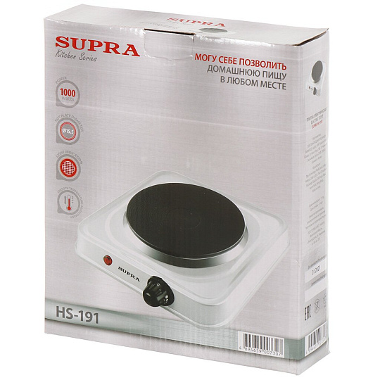 Плита электрическая Supra, HS-191, 1000 Вт, 1 конфорка, диск, эмаль, механическая, переключатель поворотный, белая
