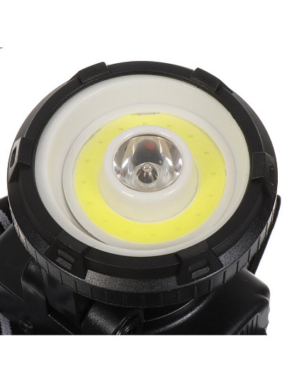 Фонарь налобный, встроенный аккумулятор, Ultraflash, LED5368, зарядка от сети 220 В, пластик, черный, 1 Вт LED+1,5 Ватт COB, 2 режима