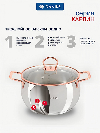 Набор посуды нержавеющая сталь, 12 предметов, кастрюли 1.8, 2.5, 3.4, 4.5, 5.8 л, ковш 1.8 л, индукция, Daniks, Карлин, GS-01332G-12SE