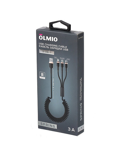 Кабель USB USB, OLMIO, Spring, microUSB, Apple Lightning, Type-C, 3 А, 1.5 м, черный, 041623