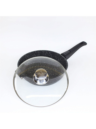 Сковорода литой алюминий, 24 см, антипригарное покрытие, Алтей, Granit Perfection black, с крышкой, съемная ручка, 02-2450-110