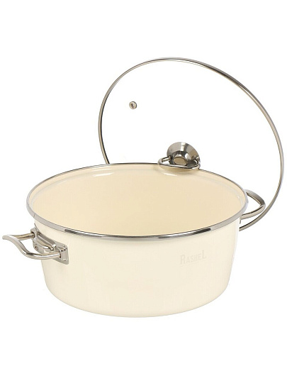Кастрюля эмалированная сталь, 4.5 л, крышка стекло, ручки хром, RasheL, R9024, кремовая, индукция