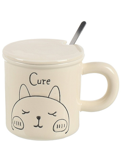 Кружка керамика, 400 мл, Смешные котята, с крышкой, с ложкой, 9.4х9.4 см, с крышкой, Y4-8975, в ассортименте