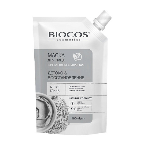 Маска для лица, Biocos, Детокс и Восстановление, на основе белой глины, 100 мл
