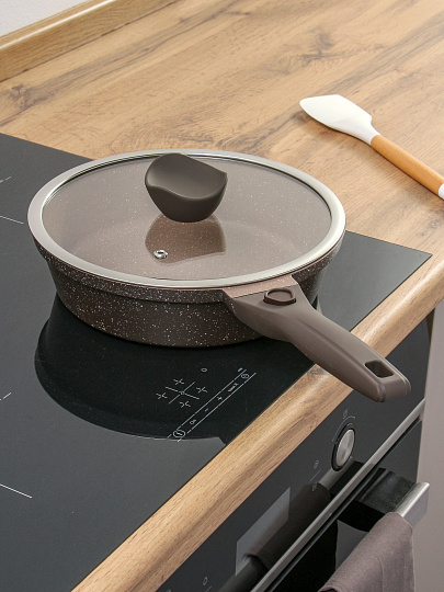 Сковорода литой алюминий, 24 см, антипригарное покрытие, Горница, Дуэт Шоколадный мусс, с крышкой, съемная ручка, индукция, Ис8244Дш