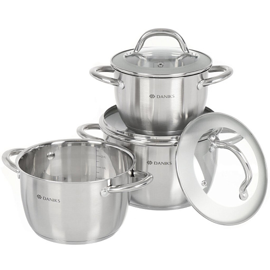 Набор посуды нержавеющая сталь, 6 предметов, кастрюли 1.9, 2.7, 3.7 л, индукция, Daniks, Перл, GS-01205-6