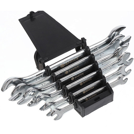 Набор ключей рожковый, 6 предметов, Bartex, 6-17 мм, хромированный зеркальный, CrV сталь, держатель