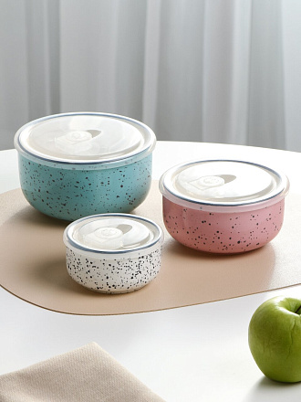 Набор салатников керамика, 3 шт, 0.225, 0.485, 0.9 л, с пластиковой крышкой, ТМ Глория, 202460