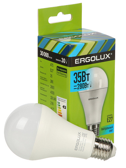 Лампа светодиодная E27, 35 Вт, 300 Вт, груша, 4000 К, нейтральный белый свет, Ergolux, 14231