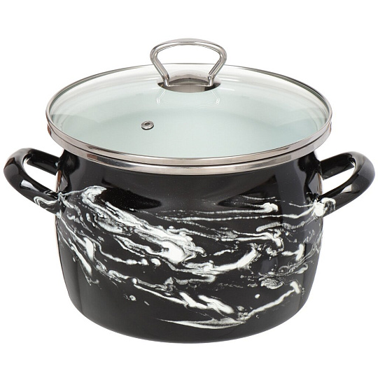 Кастрюля эмалированная сталь, 5 л, крышка стекло, Сантэкс, Шейк черно-белая, 1-2450111, индукция