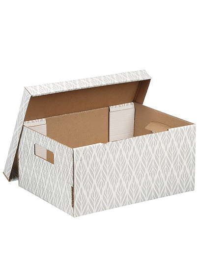 Коробка для хранения, 1 секция, с крышкой, складная, 37х28х18 см, гофрокортон, с ручкой, белый/бурая, Листья, Д20104/№2