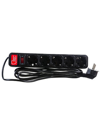 Сетевой фильтр 5 гнезд, 3 м, ПВС, 3х0.75 мм², с заземлением, 10 А, черный, Союз, 1336