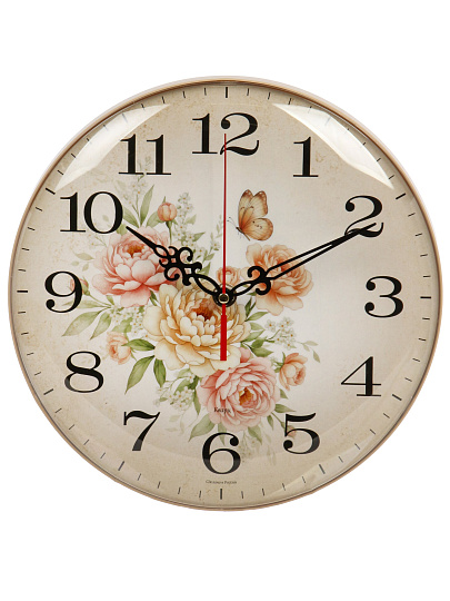 Часы настенные, кварцевые, 25 см, основание бежевое, круглые, Рубин, Цветы, 2526-101