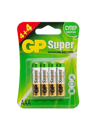 Батарейка GP, ААА (LR03, 24A), Alkaline Super, щелочная, 1.5 В, блистер, 8 шт, 24A4/4-2CR8, 18779