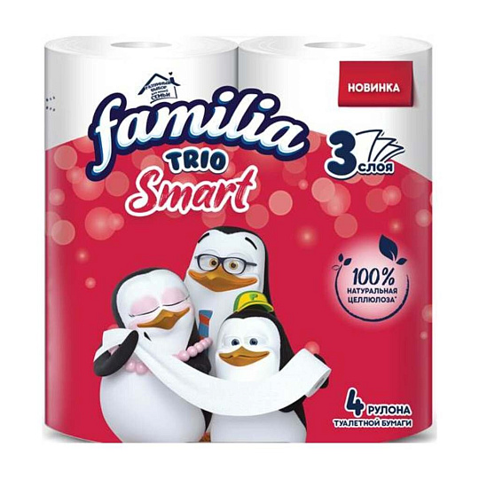 Туалетная бумага Familia, 3 слоя, 4 шт, с втулкой, белая