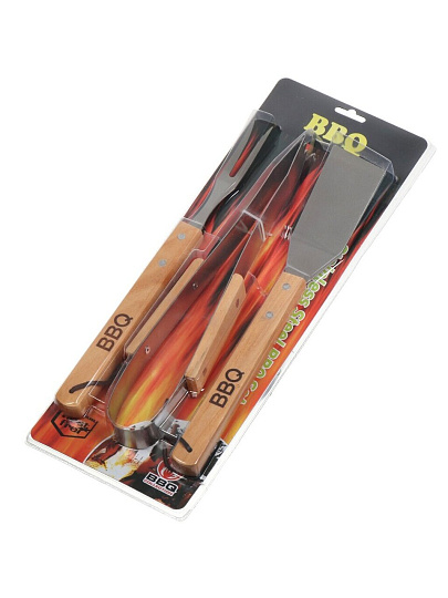 Набор для барбекю костровой, дерево, сталь, 3 предмета, вилка, щипцы, лопатка, Y9-295