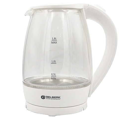 Чайник электрический Gelberk, GL-472, белый, 1.8 л, 2000 Вт, скрытый нагревательный элемент, стекло