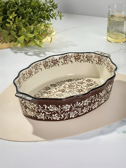 Форма для запекания керамика, 34.7х22.5х7 см, 2.2 л, фигурная, Daniks, Ветви на шоколадном, Y6-10305/B010056