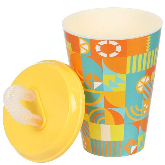 Стакан 420 мл, пластик, IZI-GO, Геометрия, с трубочкой, с крышкой, с декором, 0403/01